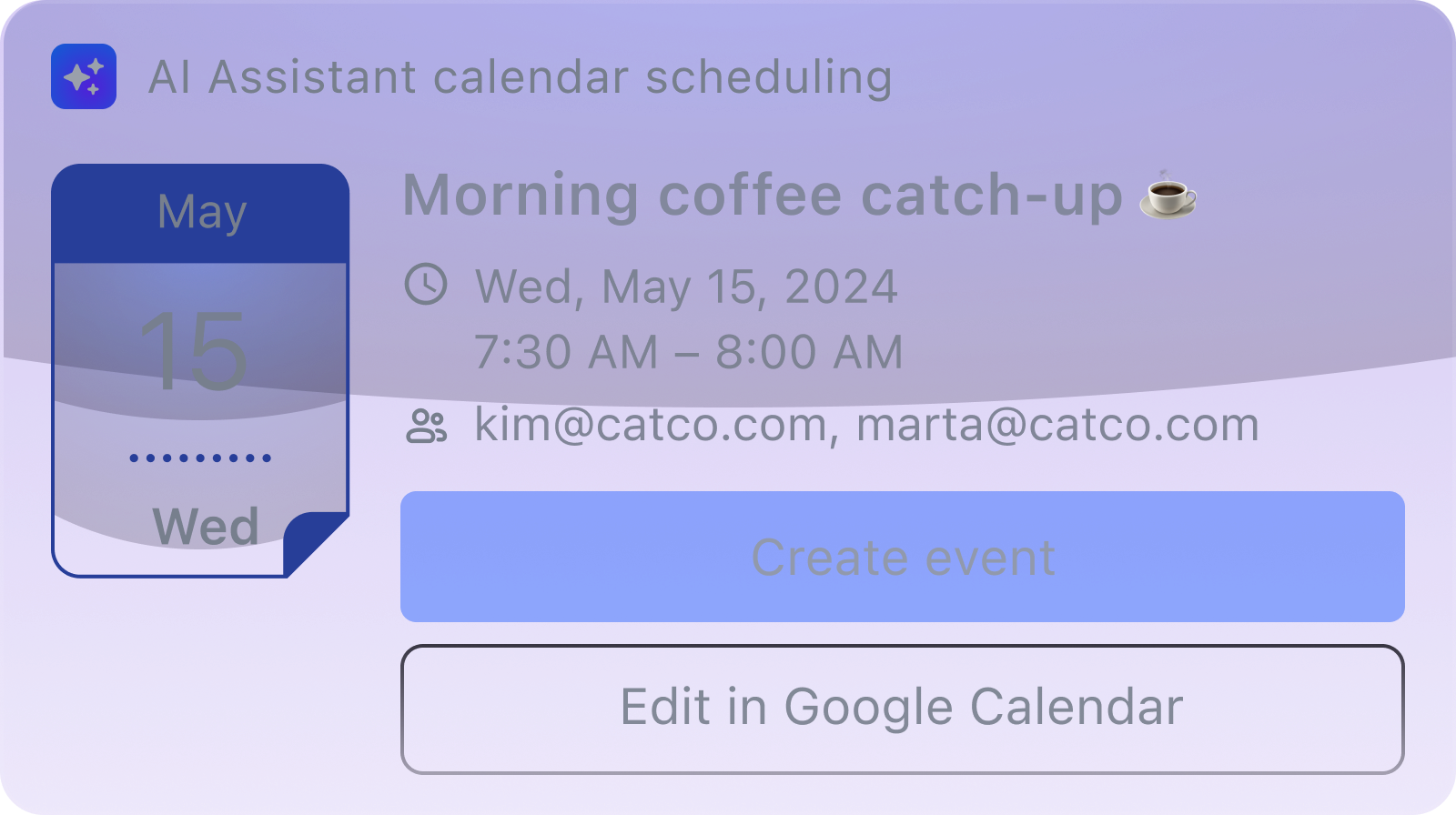 AI assistant suggesting a calendar invitation for a meeting, including a button to create the event