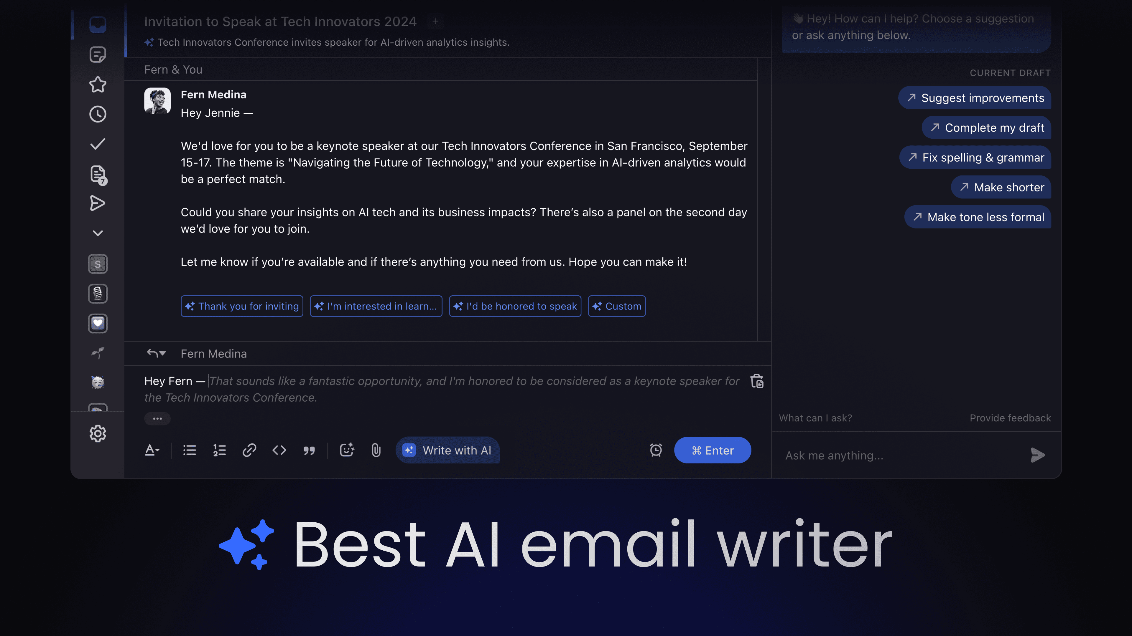 An email in Shortwave showing ways to use the AI writer features