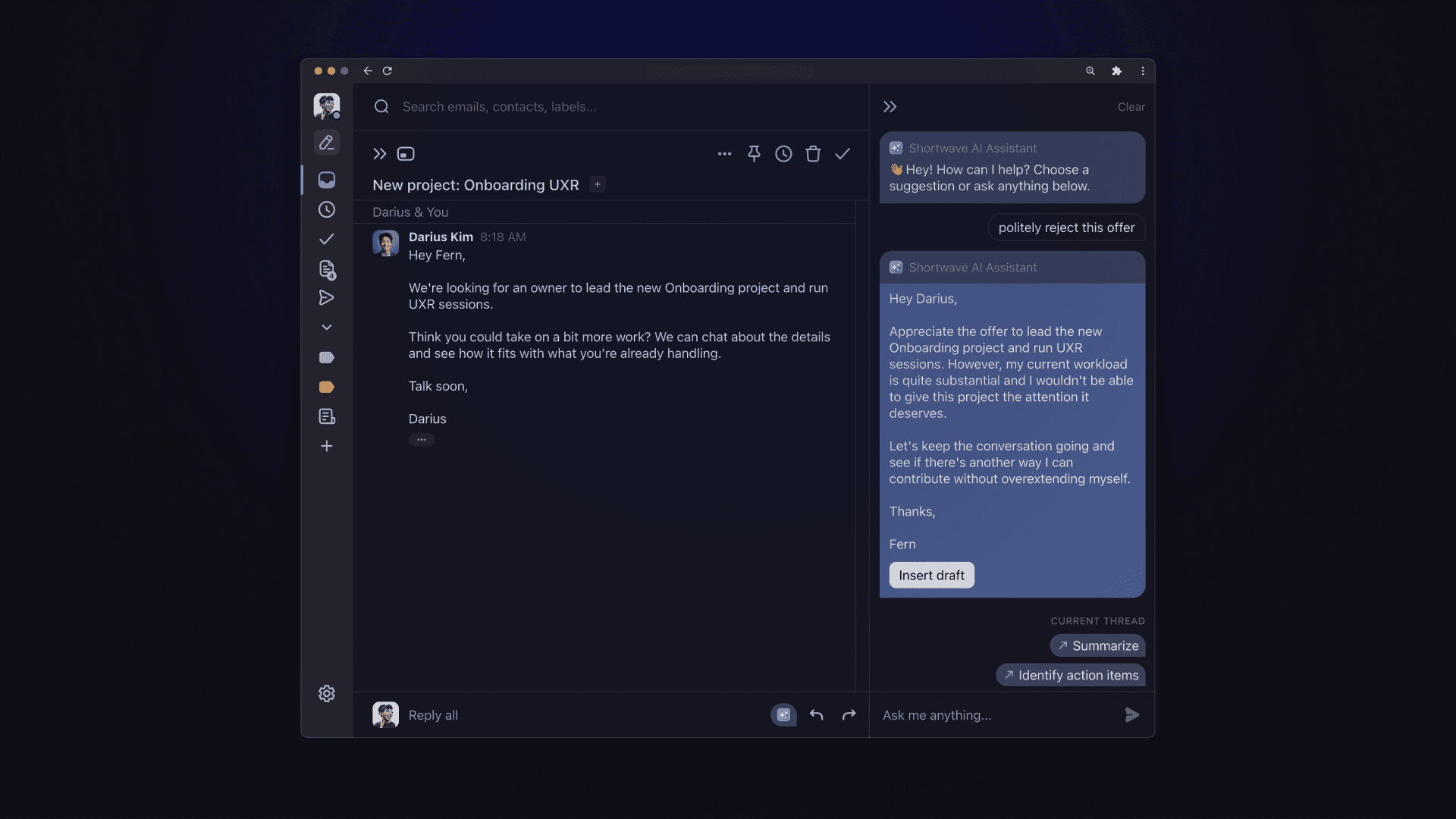 Shortwave AI assistant rejection email draft