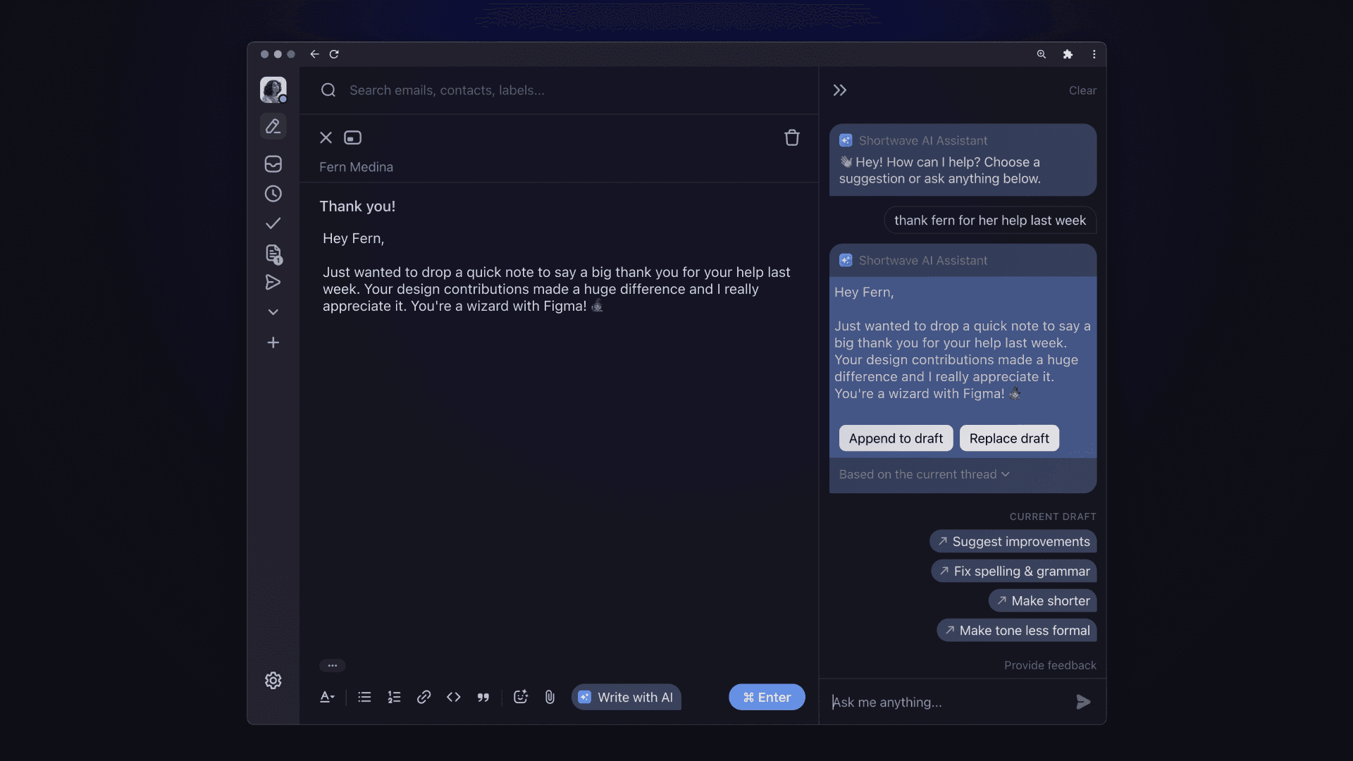 Shortwave AI assistant thank you email draft